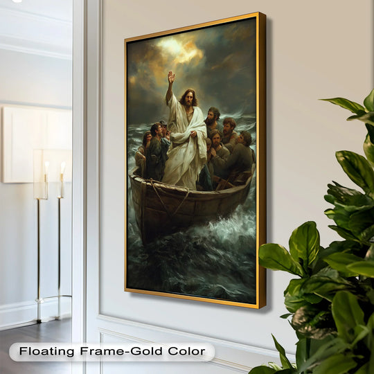 A dramatic depiction of Jesus standing in a boat amidst a storm, calming the waves while his disciples look on in awe.