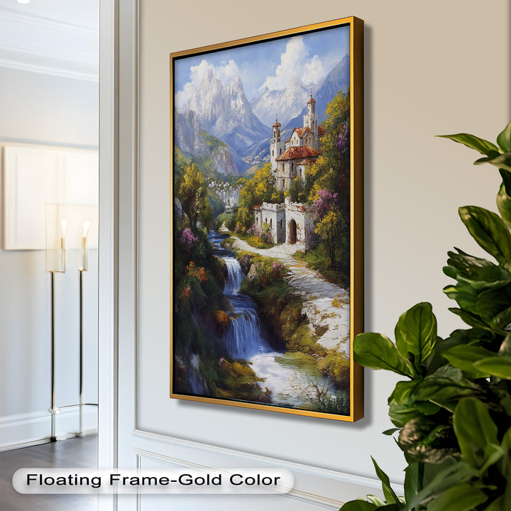 Mountain Abbey by the Falls – Serene Renaissance Oil Painting