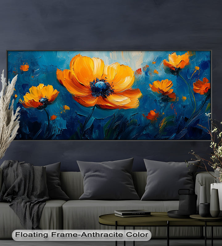 Orange Flowers on Deep Blue - Flower Oil Painting