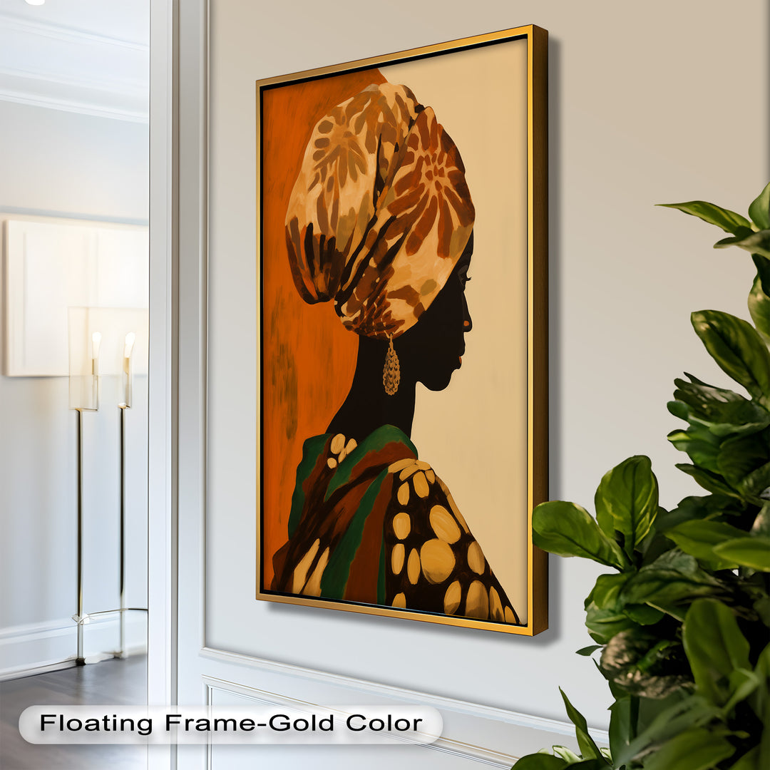 This stunning portrait painting showcases the silhouette of a woman in traditional attire, adorned with an ornate headwrap and elegant earring, symbolizing grace and cultural heritage.

