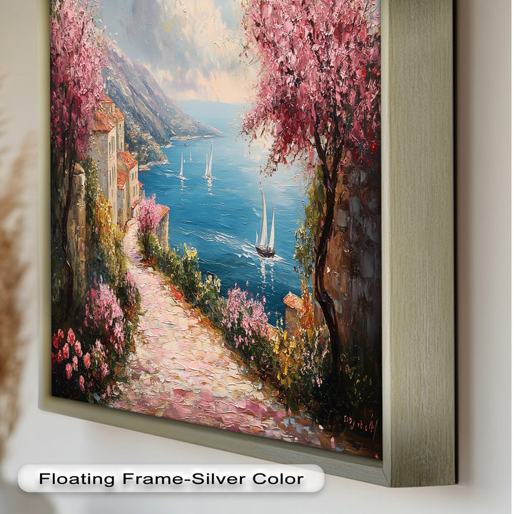Incredible Sea Street & Spring Blossoms – Coastal Charm Oil Painting