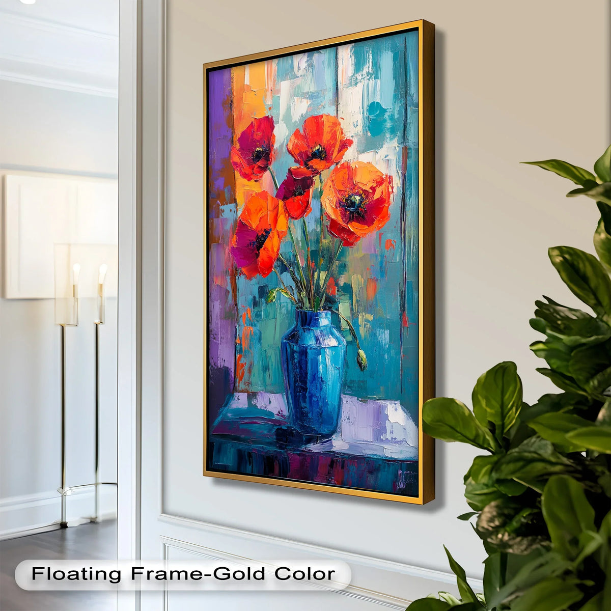 Light and shadow play across the textured brushstrokes of this crimson blooms poppy flower oil painting, an evocative example of fine oil painting decoration.