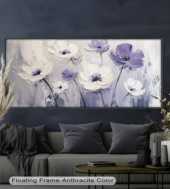 White and Purple Florals on Misty Background - Flower Oil Painting