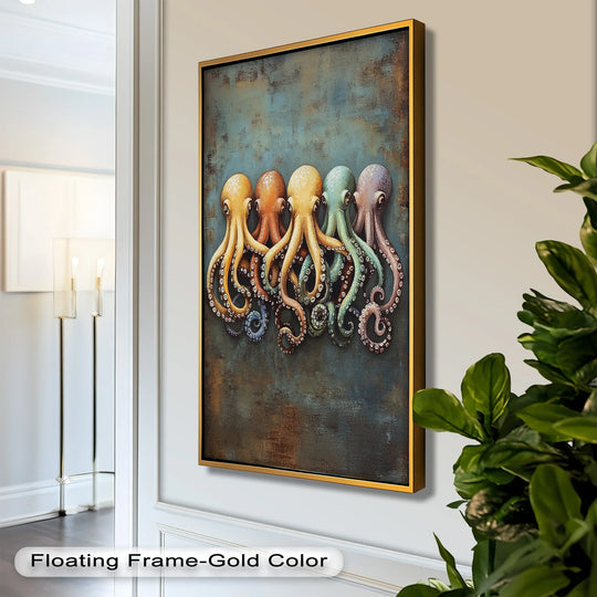 Focusing on the layering effect, this oil painting reproduction print presents a whimsical row of octopuses with a colorful sea life scene enhanced by overlapping textures.