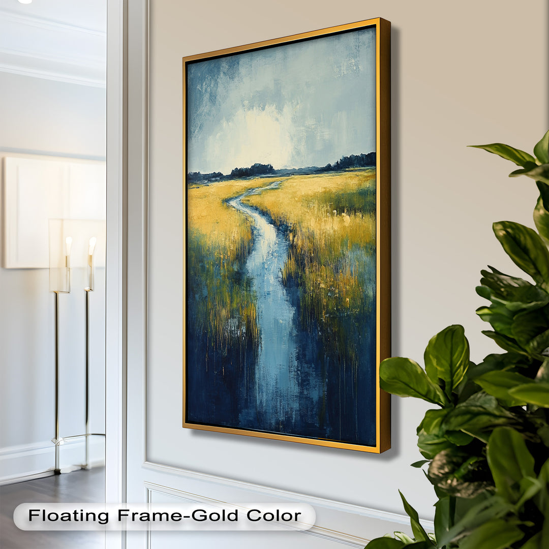 Golden Fields and Blue Stream – Contemporary Landscape Oil Painting