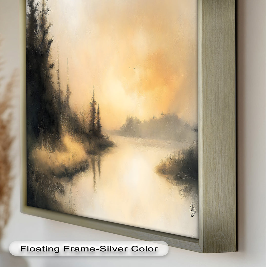 A dreamy impressionist-style painting capturing a foggy lakeside at dawn, where soft brushstrokes create a peaceful and ethereal atmosphere.