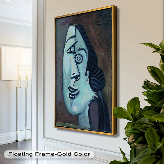 Hanging on the wall, the expressive and colorful blue Picasso Cubist woman is the loudest element in this captivating oil painting art piece.