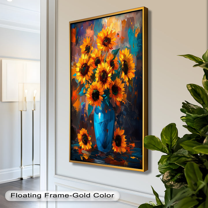 Sunlit Joy – Bold Sunflowers in Blue Vase Oil Painting