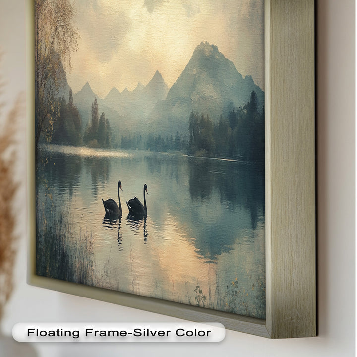 Black Swans on a Mountain Lake – Modern Oil Painting