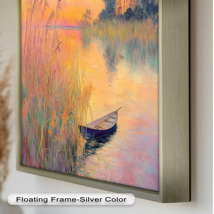 Golden Reeds and Sunset Rowboat – Impressionist Oil Painting