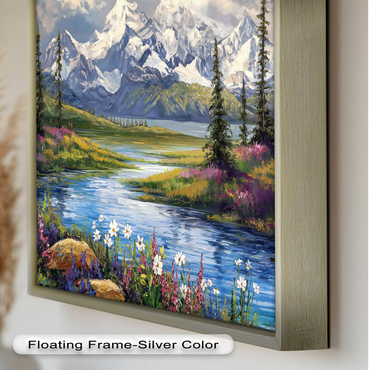 Vintage Mountains & River – Framed Oil Painting