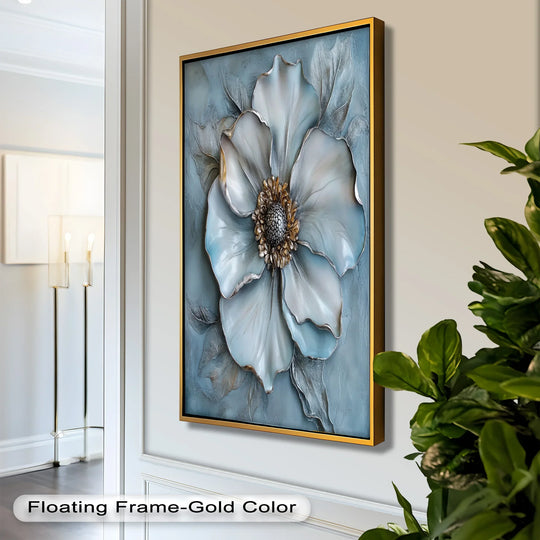 Serene sculptural petals define the softest element of this blue mist bloom oil painting art prints, a textural flower captured in elegant strokes and a floating gold frame.