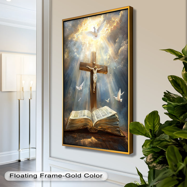 Jesus on the Cross with Open Bible and Doves - Oil Painting