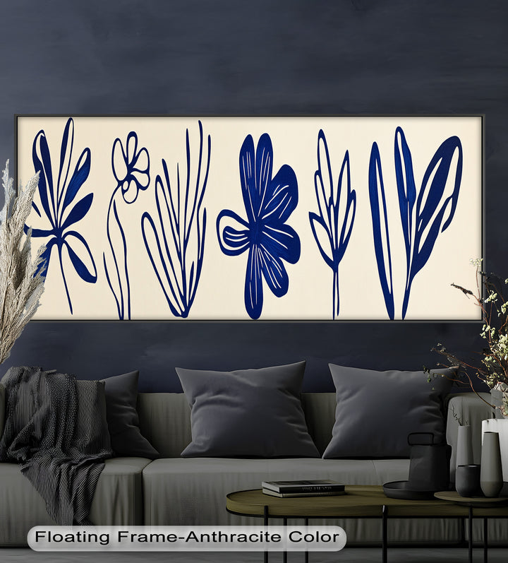 Indigo Bloom Line Art – Minimalistisches florales Ölgemälde
