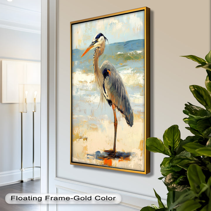 Elegant Heron Standing on Shoreline – Framed Oil Painting