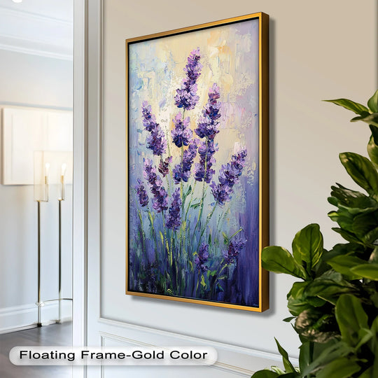 Highlighting the layering effect, this impressionist lavender stalk flower oil painting art prints showcases textured brushstrokes and depth within a gold floating frame.