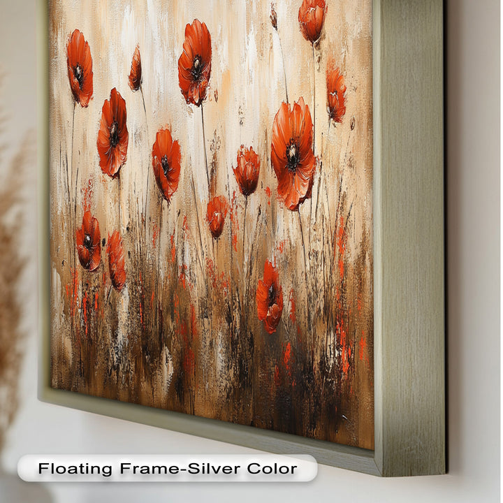 Fiery Meadow – Scarlet Poppies in Earth-Toned Field Flower Oil Painting