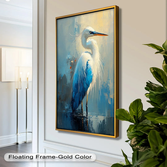 Gold floating frame surrounds the vibrant blue heron in this stunning oil painting art piece, creating a visual focal point for this wildlife artwork.