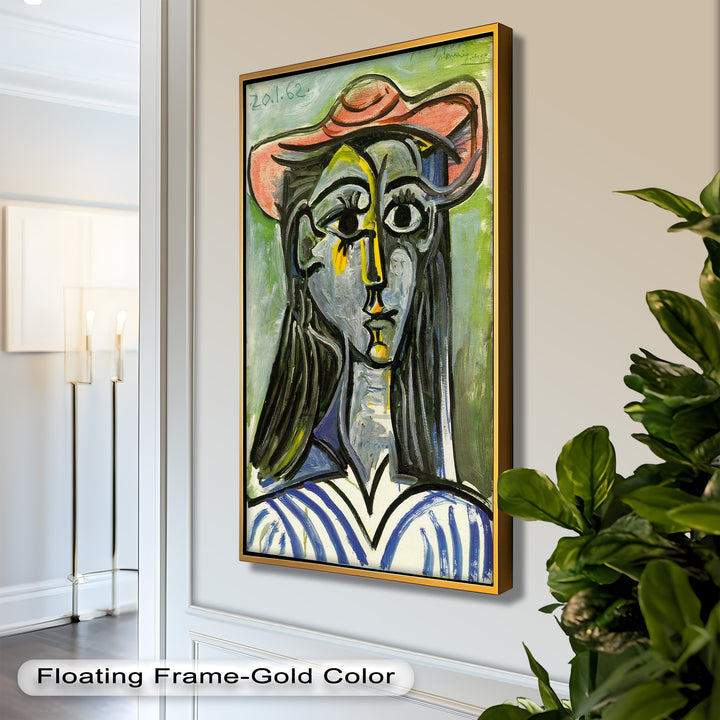 Striped Muse in Pink Hat – Picasso Oil Painting