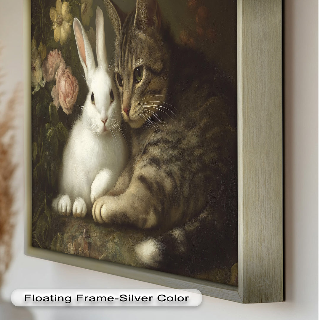Cat and Rabbit in Floral Harmony - Animal Oil Painting