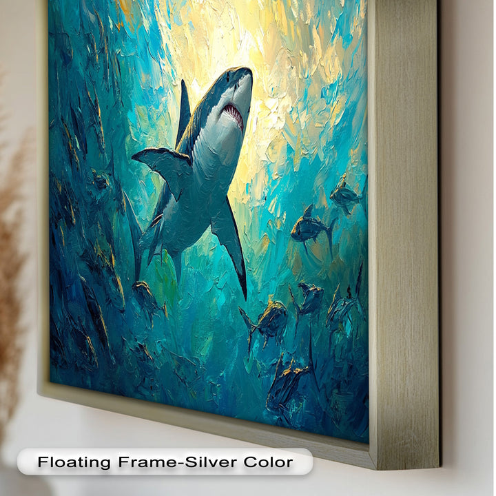 Great White Shark in Sunlit Ocean Depths – Animal Oil Painting