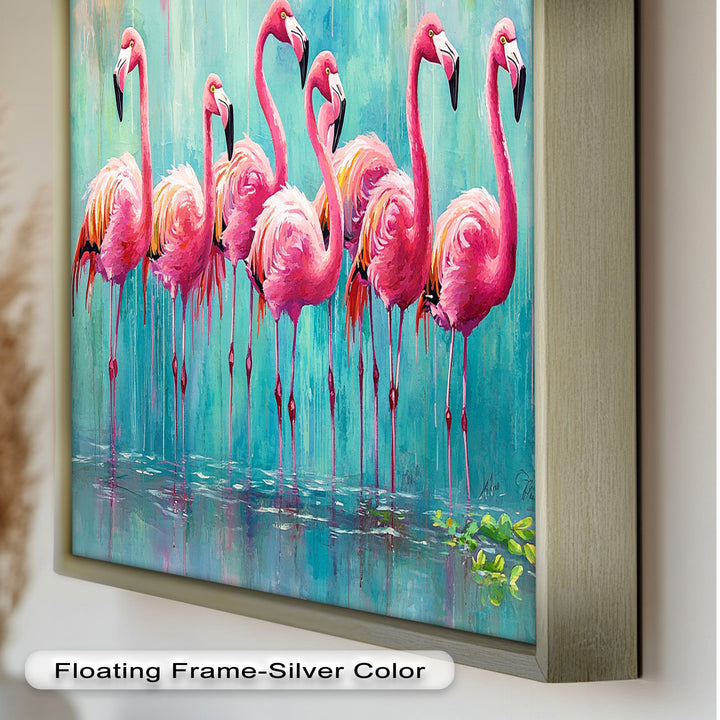 Flamingoschwarm auf dem Wasser – Tierölgemälde