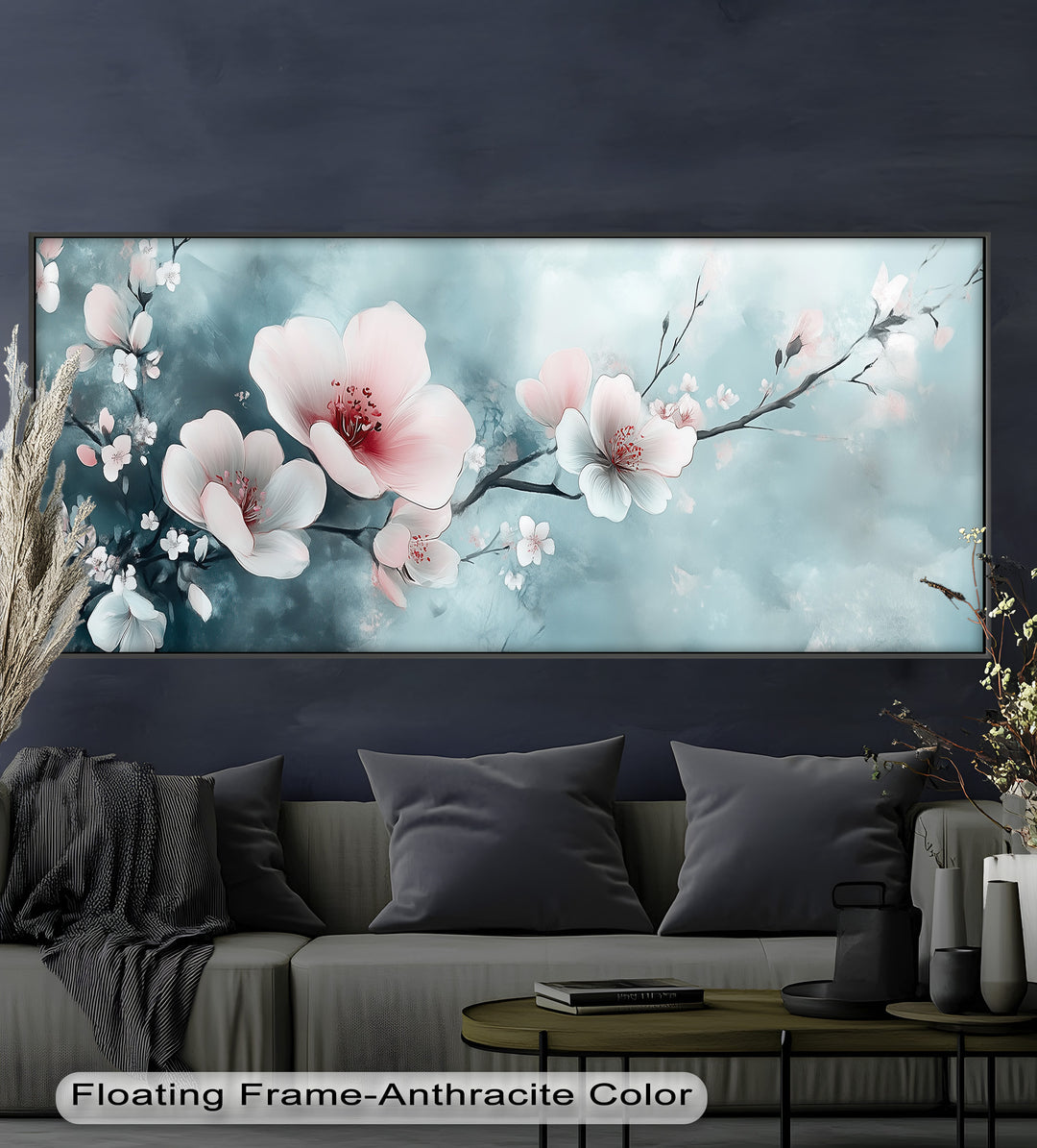 Soft Pink and White Petals on Tranquil Blue - Flower Oil Painting