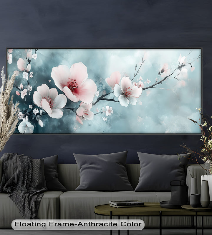 Soft Pink and White Petals on Tranquil Blue - Flower Oil Painting