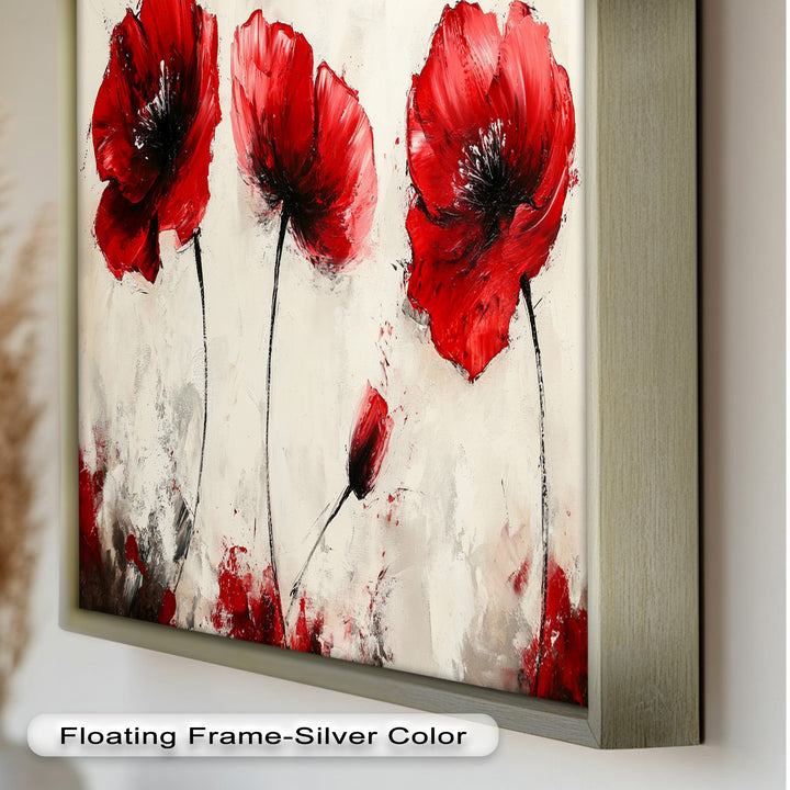 Crimson Elegance – Bold Red Poppies on Cream Flower Oil Painting