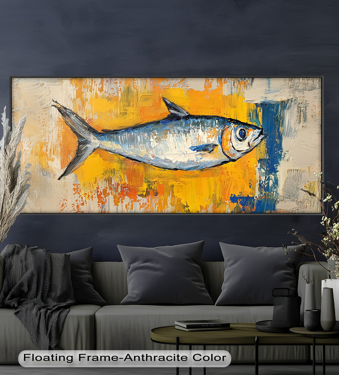 Blue Fish on Vibrant Yellow Background - Animal Oil Painting