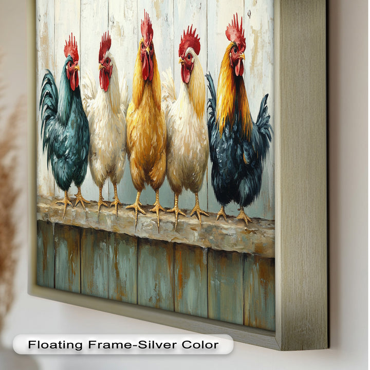 Colorful Roosters on a Wooden Fence – Animal Oil Painting