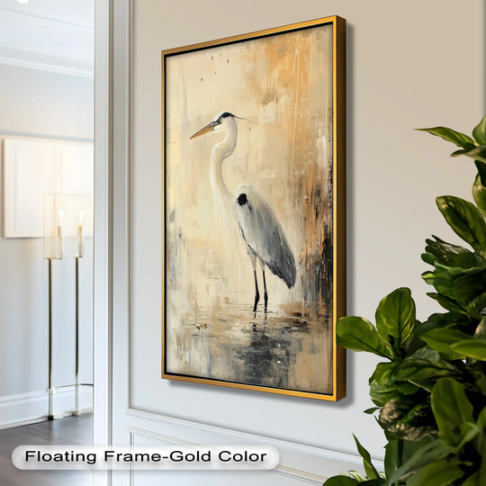 Evoking an abstract quality, the 'Golden Stillness – Heron in Reflective Water' oil painting decoration offers soft brushstrokes that merge to create a serene, atmospheric scene.