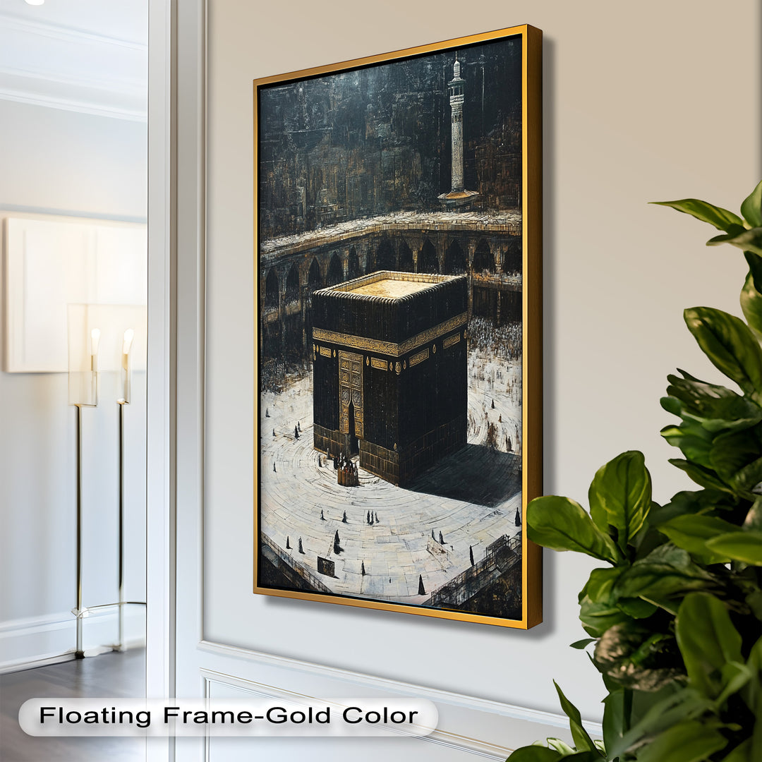 A detailed painting of the Kaaba at the center of the Masjid al-Haram, surrounded by pilgrims in reverence and devotion.