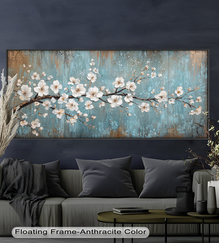 White Blossoms on Blue Textured Branch - Flower Oil Painting