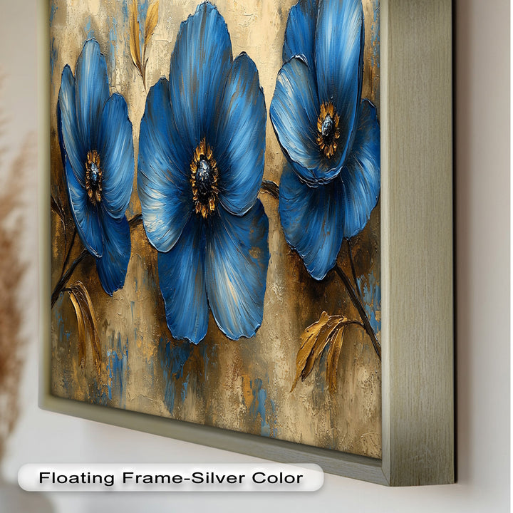 Golden Beige Elegance – Royal Blue Floral Trio Flower Oil Painting