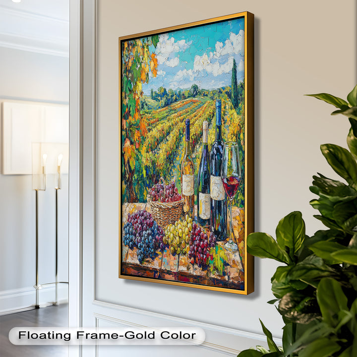 Wine Bottles and Grapes in Sunlit Fields - Still Life Oil Painting
