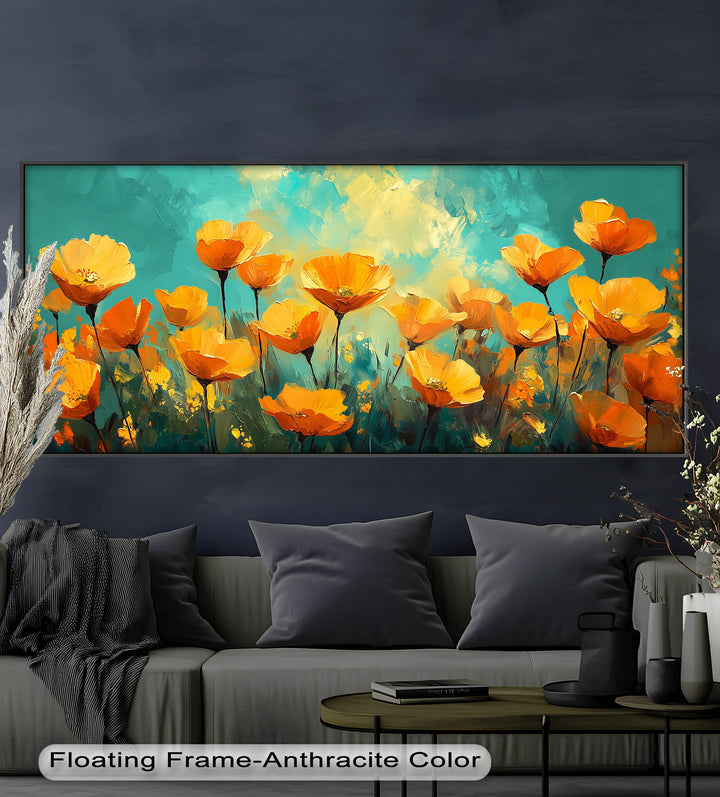 An expressive and colorful depiction of a wildflower meadow filled with vivid orange blossoms and soft glowing light.