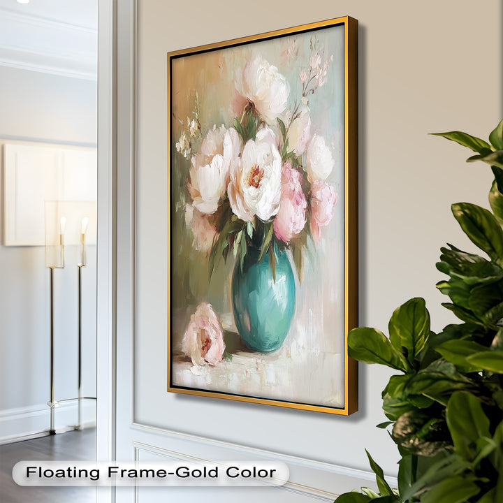 Blushing Peonies in Jade Vase – Romantic Flower Oil Painting