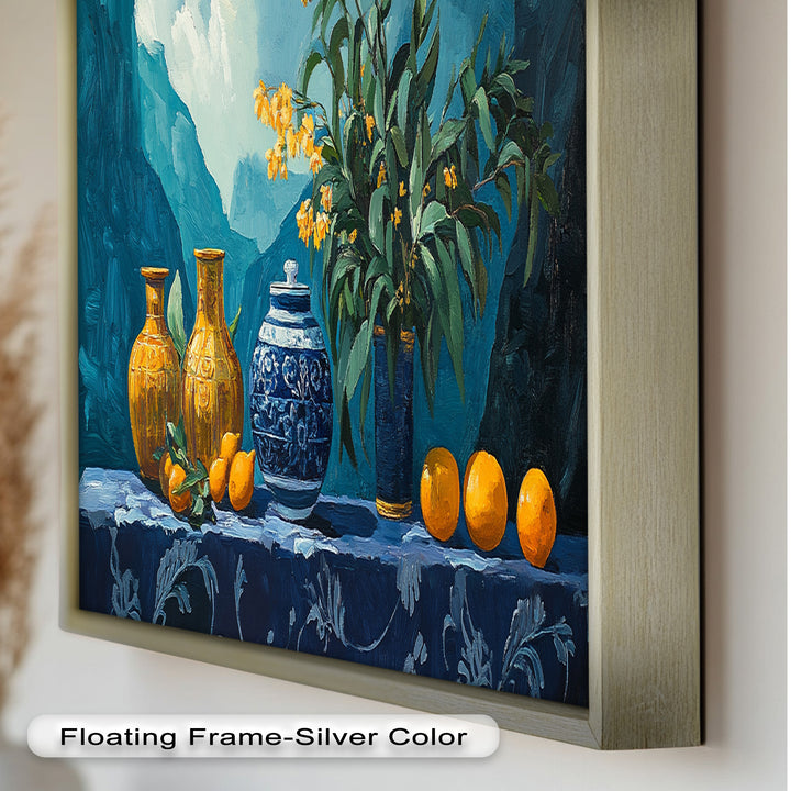 Blue & Yellow Vase Citrus Still Life – Framed Oil Painting
