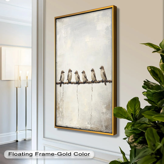Transitions between colors create a serene modern oil painting art effect on this 'Six Birds in Stillness' animal oil painting, offering a minimalist and poetic nature scene.