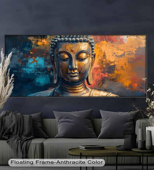 A bronze-toned Buddha statue with closed eyes, set against a bold abstract background of vivid orange, blue, and charcoal hues.

