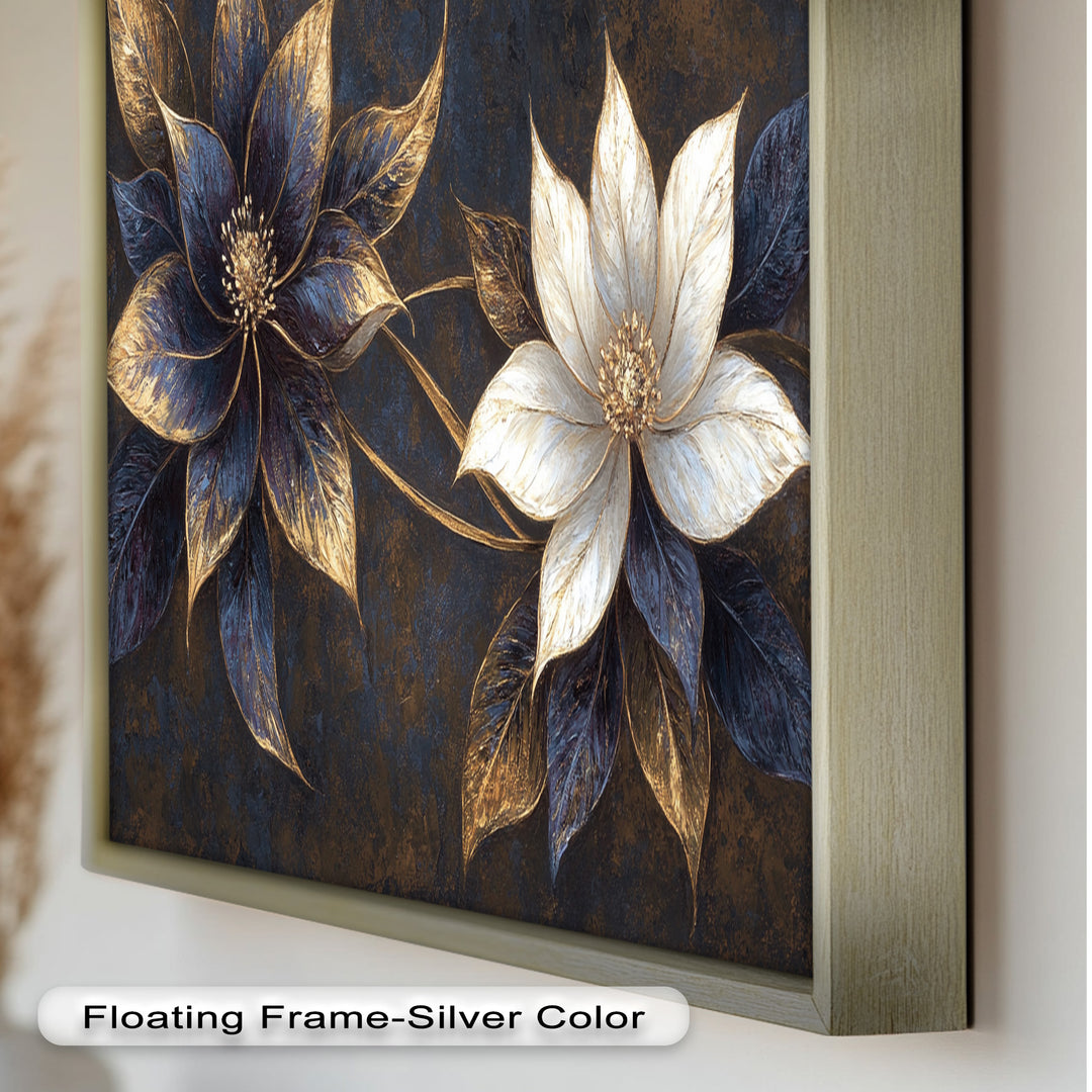 Blue Floral Stained Art – Botanical Oil Painting