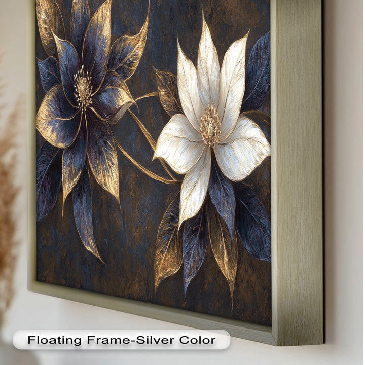 Blue Floral Stained Art – Botanical Oil Painting