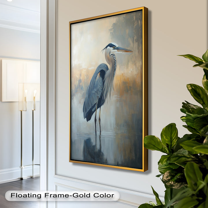 Heron in Misty Marshland - Framed Oil Painting