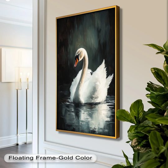 Luminous white dominates this serene scene, highlighting the solitary swan in elegant oil painting art prints with moody dark waters and a refined gold frame.