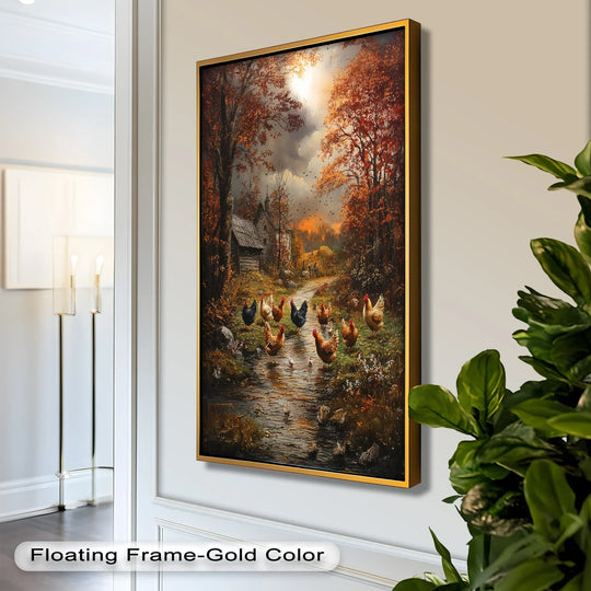 Warm color temperature dominates this animal oil painting wall art, depicting chickens along a rustic countryside path in an autumn landscape.