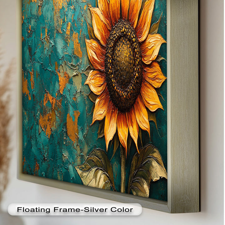 Sunflower on Textured Teal - Flower Oil Painting