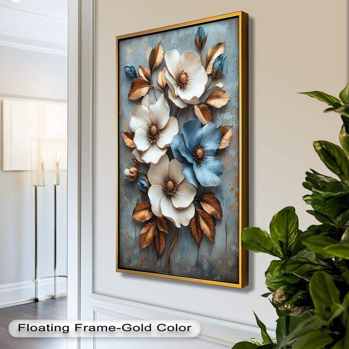 Gilded Petals – Luxuriöses Ölgemälde mit weißen und blauen Blumen