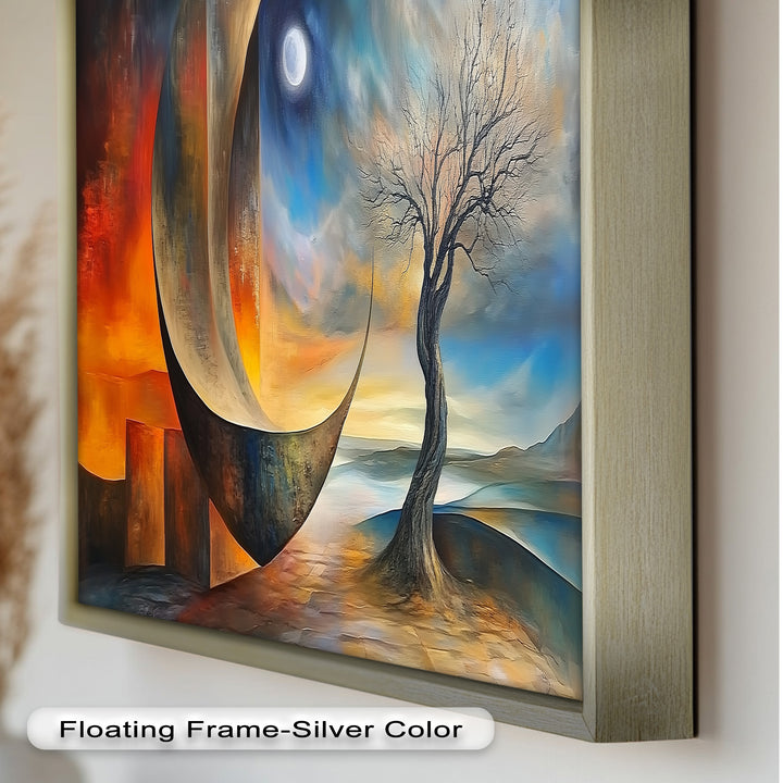 Moonlit Tree and Surreal Horizon - Abstract Oil Painting