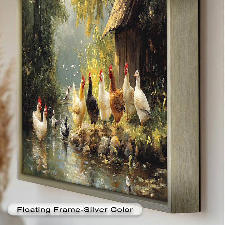 Country Farmyard Chickens by the Stream – Animal Oil Painting